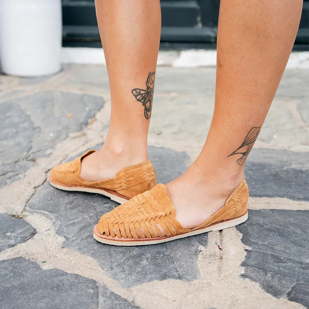 Huarache femme Alegre Suede Camel en cuir suédé daim fait main au Mexique - Mapache